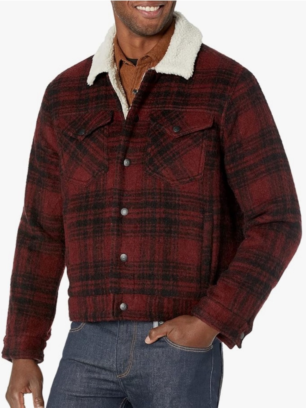 Lucky Brand Plaid Sherpa Lined Trucker jacket red black mens size L